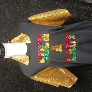 Black, Red, Gold and Green Sequin Shirt and Earrings.